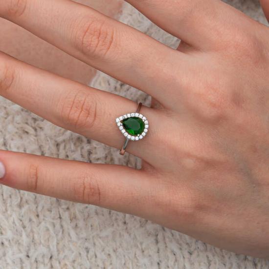 Gümüş Damla Zümrüt Taşlı Kadın Yüzük