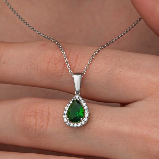 Gümüş Damla Zümrüt Taşlı Kadın Kolye