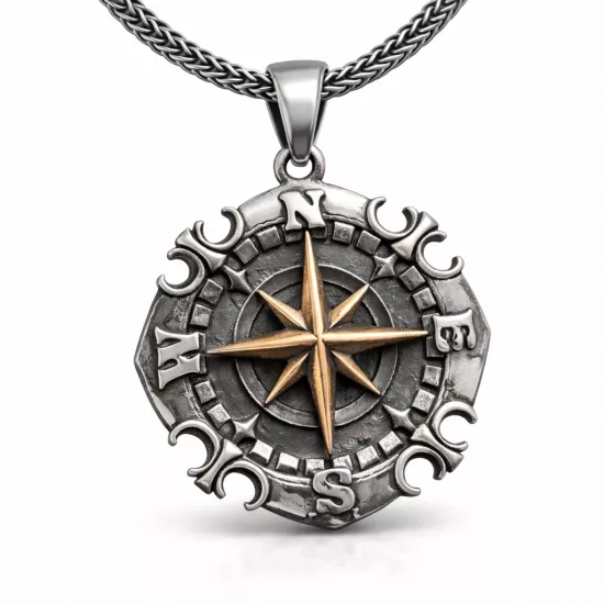 Silver Oxidized Compass Men’s Necklace