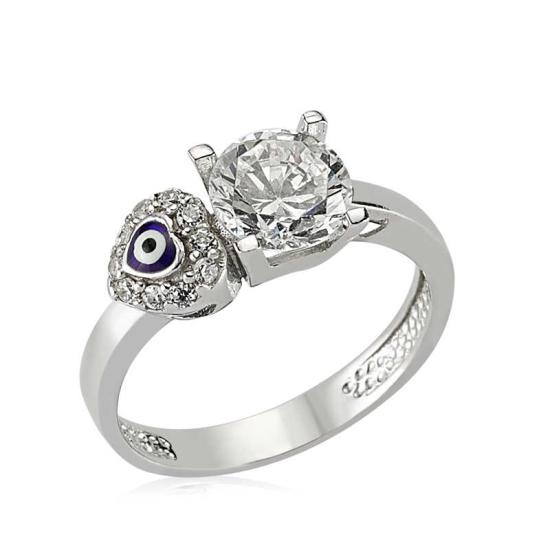 Silver Heart Evil Eye Single Stone Women’s Ring