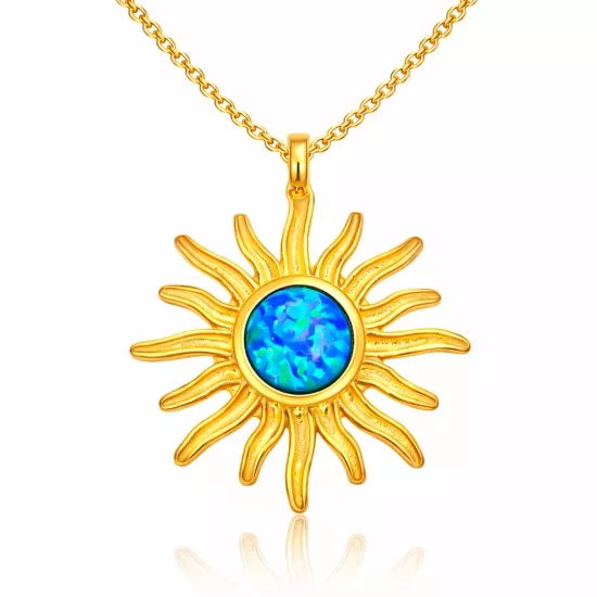 Silver Gold Blue Opal Stone Sun Women’s Necklace