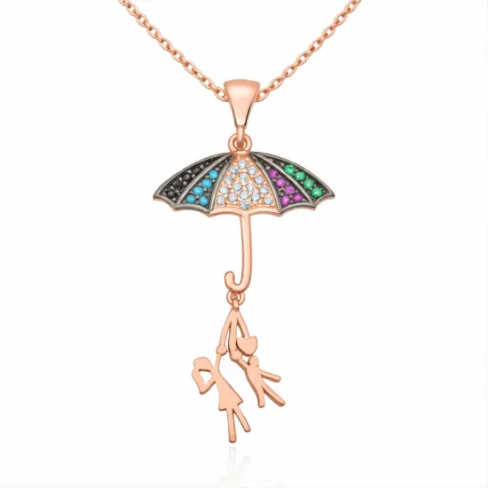 Silver Umbrella-Holding Lovers Necklace