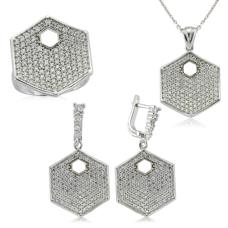 Silver Zircon Stone Hexagon Women’s Set