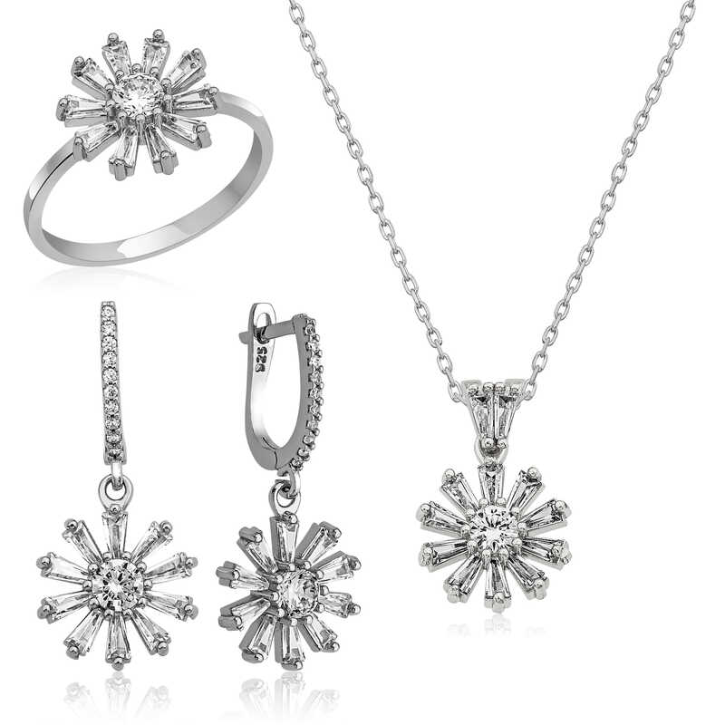 Silver Trapezoid Stone Flower Women’s Set