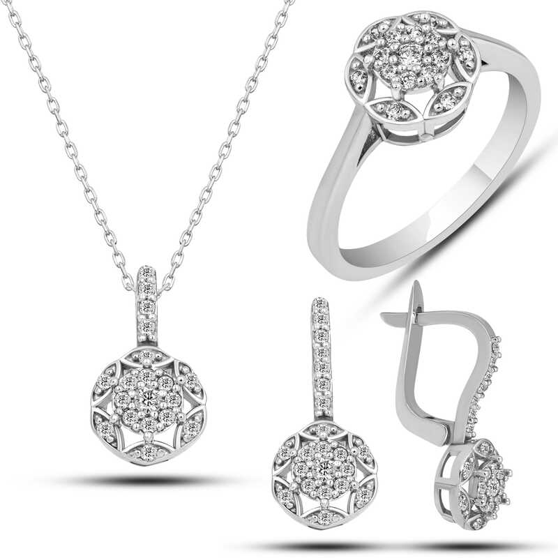 Silver White Zircon Stone Flower Women’s Set