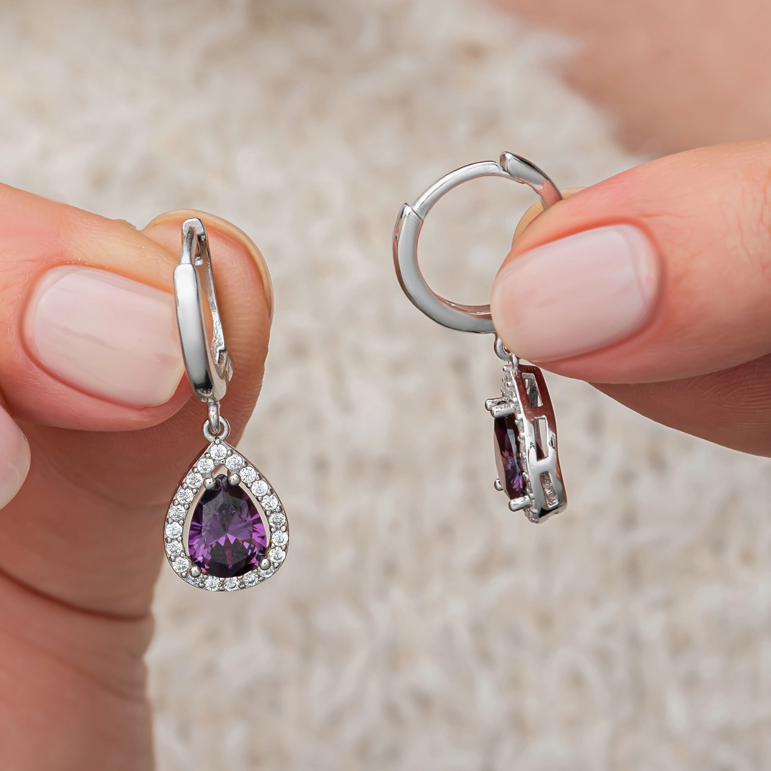 Silver 925 Purple CZ Stone Teardrop Set