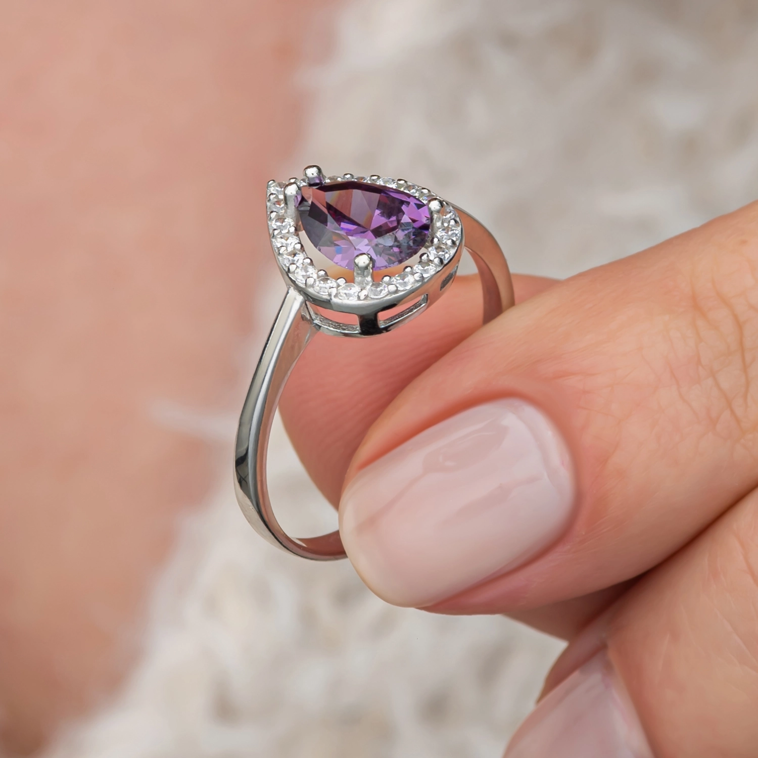 Silver 925 Purple CZ Stone Teardrop Set