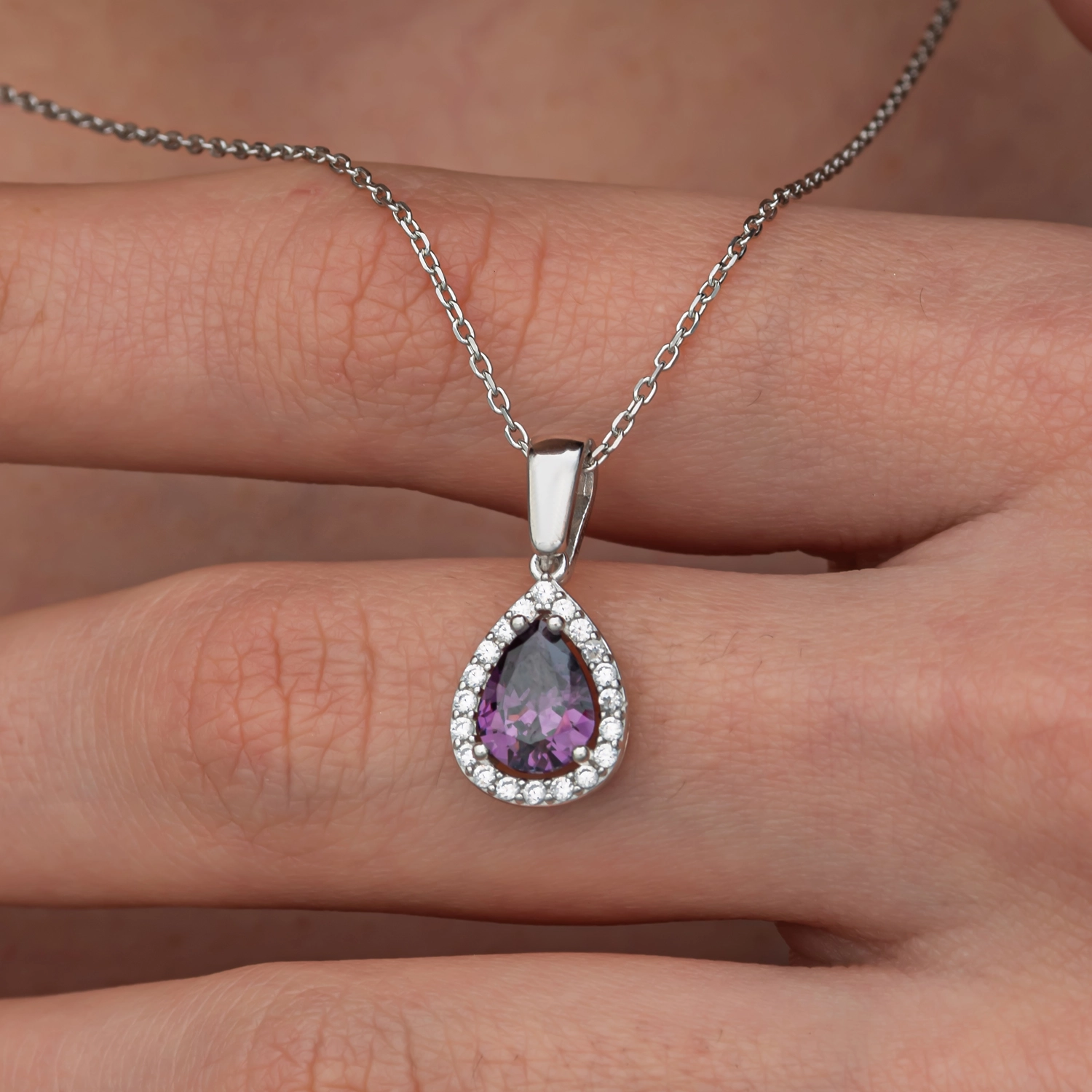 Silver 925 Purple CZ Stone Teardrop Set