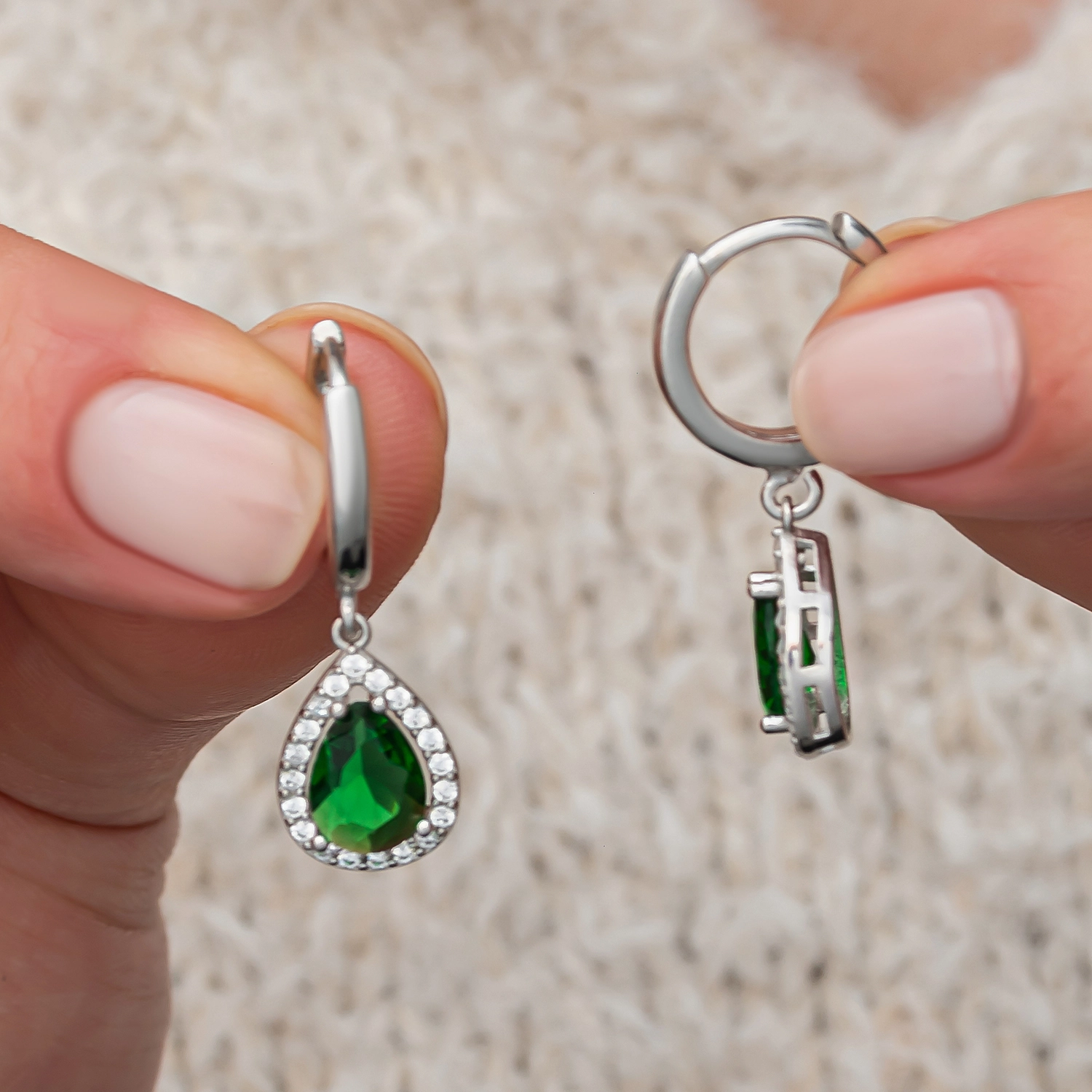 Silver 925 Green CZ Stone Teardrop Set