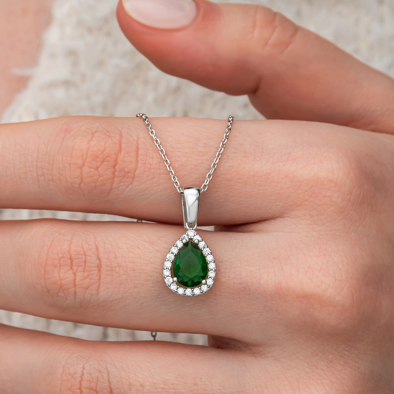 Silver 925 Green CZ Stone Teardrop Set