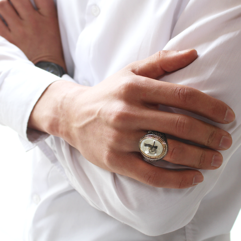 Silver Men’s Ring with a Tugra on Mother of Pearl
