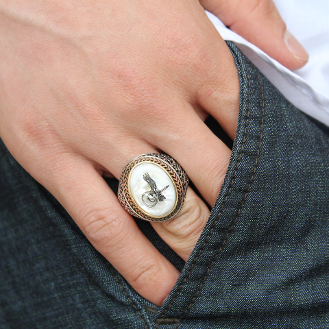 Silver Men’s Ring with a Tugra on Mother of Pearl