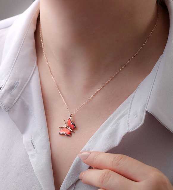 Silver Rose Red Butterfly Necklace