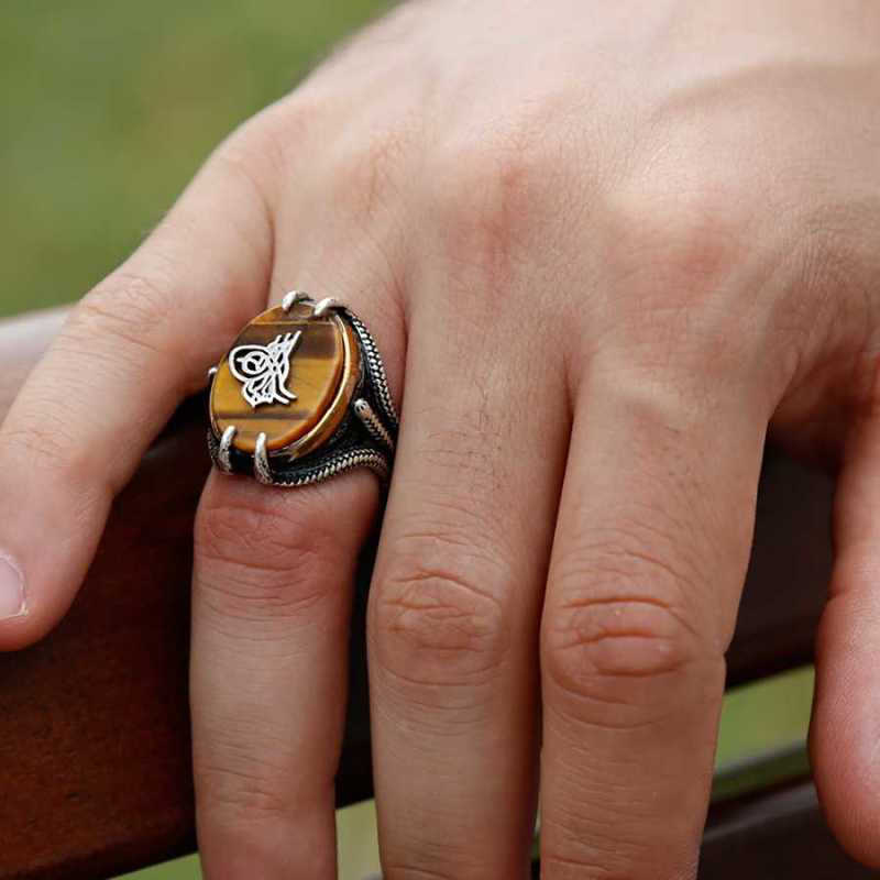 Silver Tiger Eye Stone Tughra Men’s Ring