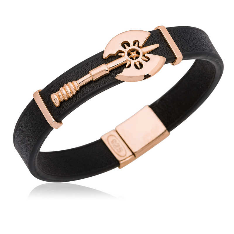 Silver Double-Sided Axe Figured Leather Men’s Bracelet