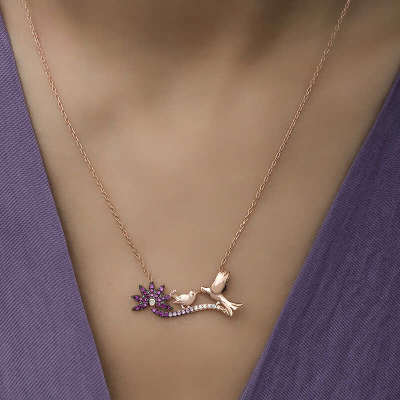 Silver Rose Mother and Baby Bird Necklace for Women