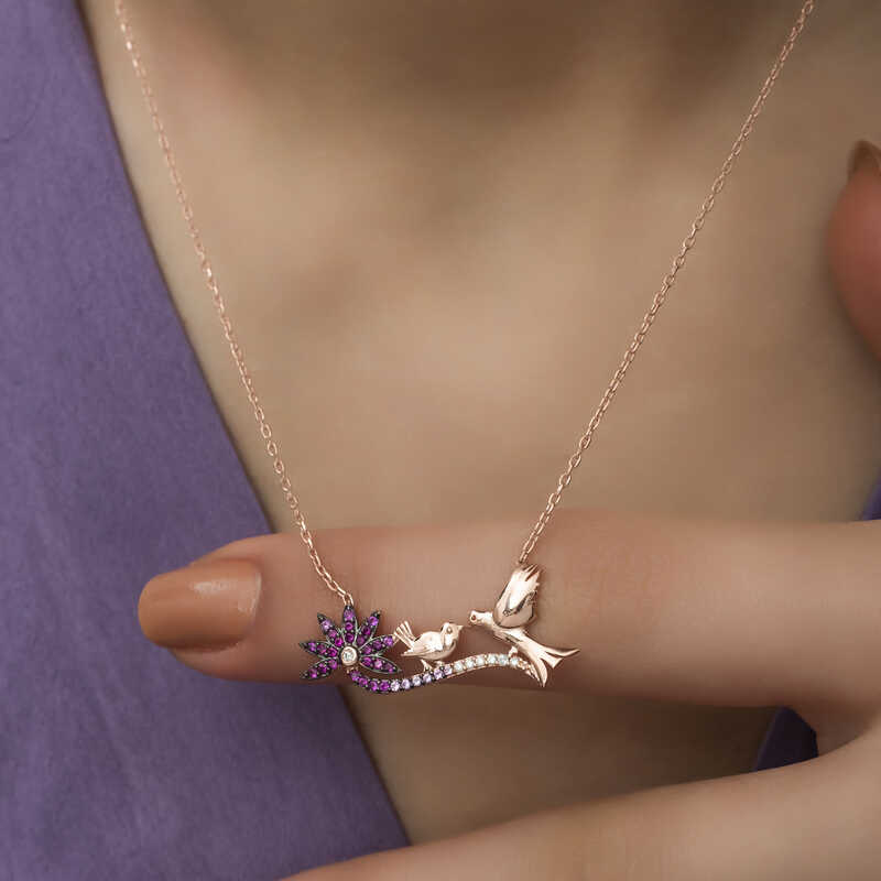 Silver Rose Mother and Baby Bird Necklace for Women