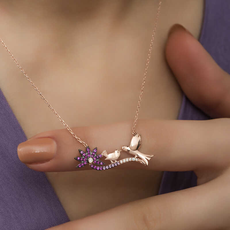 Silver Rose Mother and Baby Bird Necklace for Women