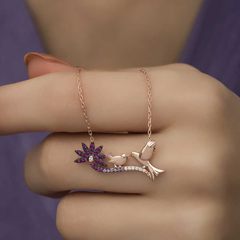 Silver Rose Mother and Baby Bird Necklace for Women