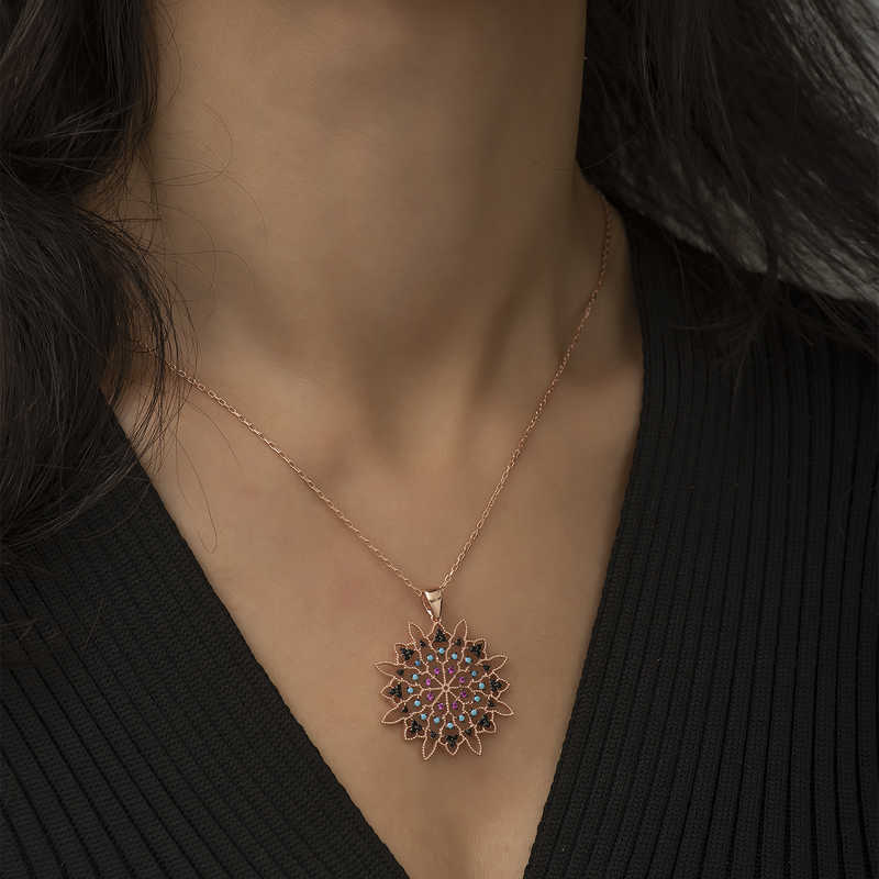 Silver Rose Geometric Patterned Medallion Necklace