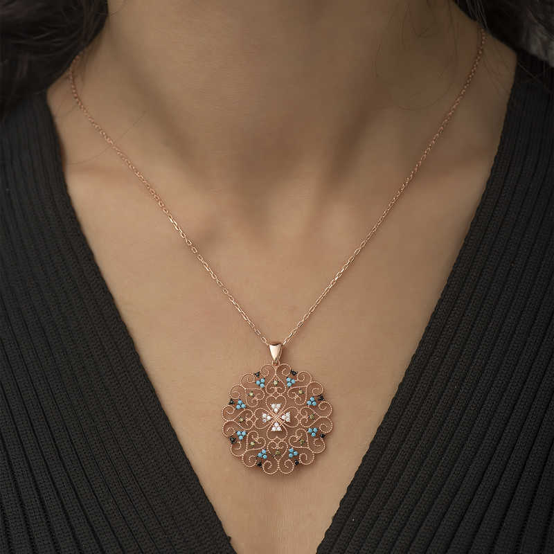 Silver Rose Ethnic Patterned Medallion Necklace