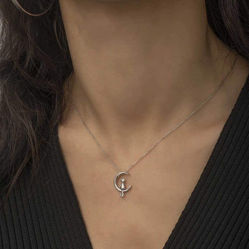 Silver Crescent Cat Necklace