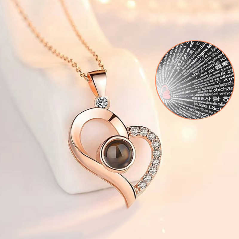 Silver Rose 100 Languages ​​I Love You Heart Necklace