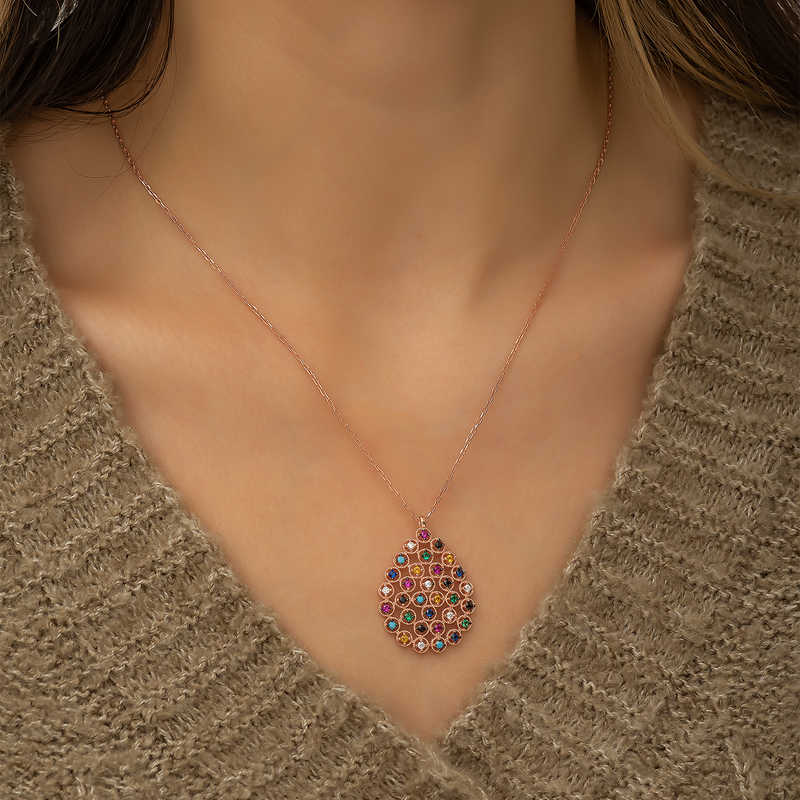 Silver Rose Colored Stone Drop Necklace
