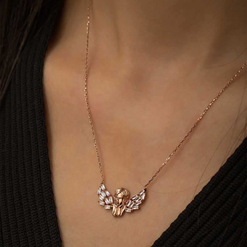 Silver Rose Winged Angel Necklace