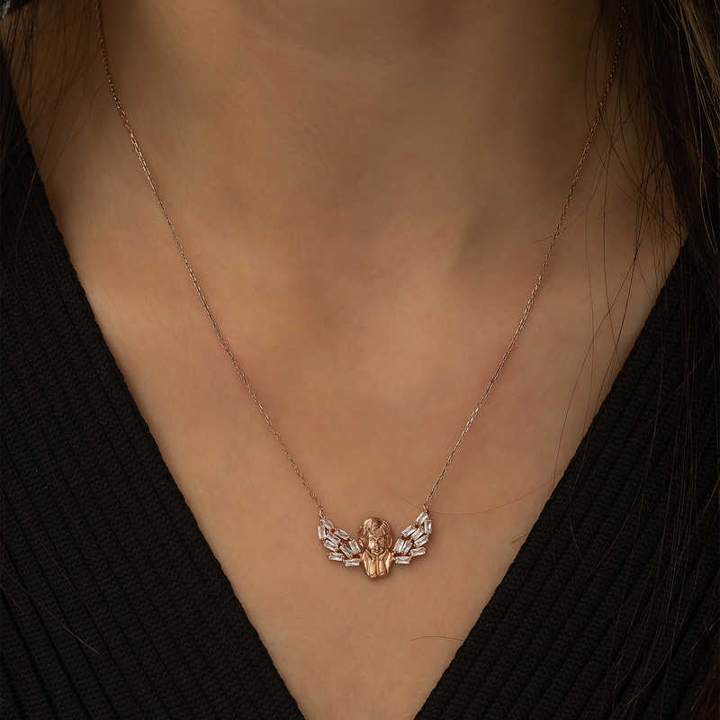 Silver Rose Winged Angel Necklace