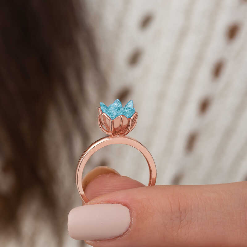 Silver Rose Blue Lotus Flower Ring