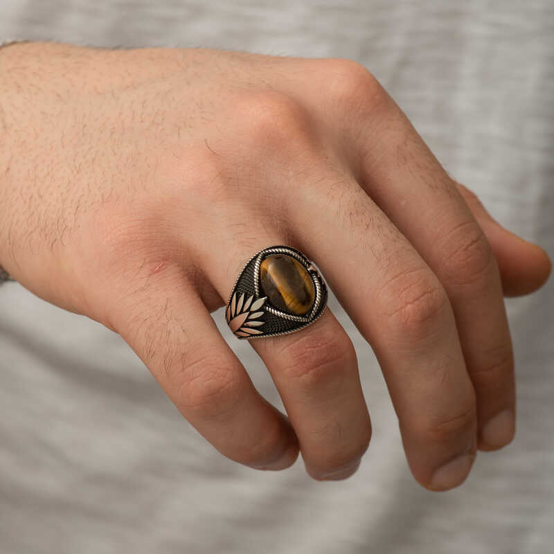 Silver Tiger’s Eye Stone Embroidered Men’s Ring