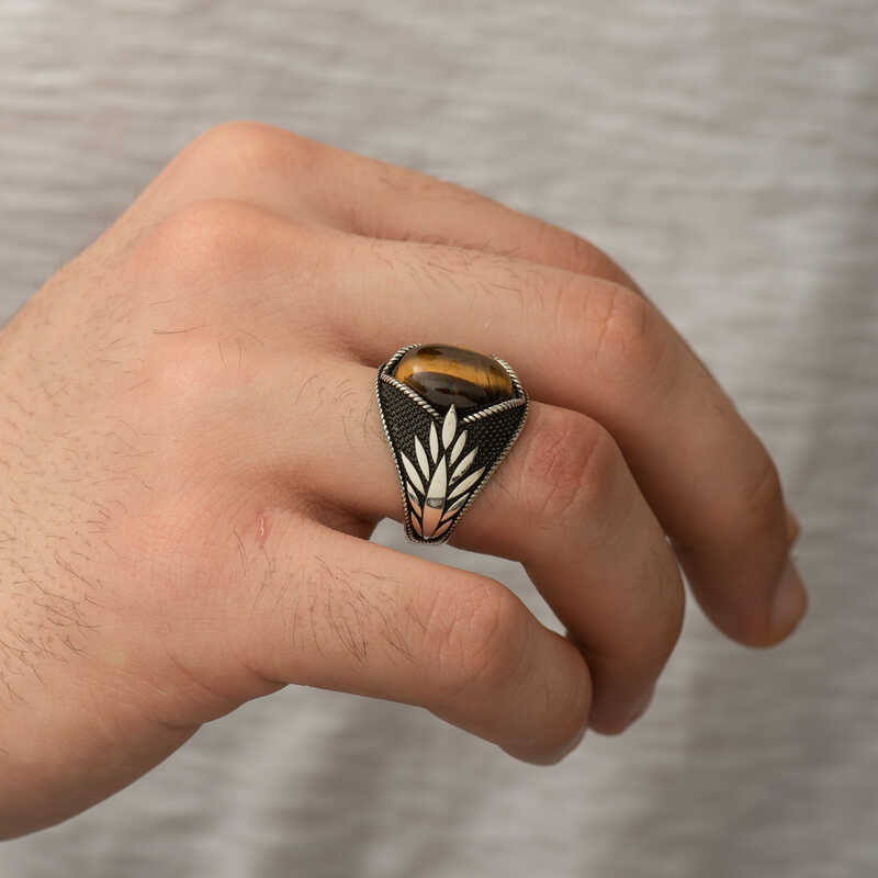 Silver Tiger’s Eye Stone Embroidered Men’s Ring