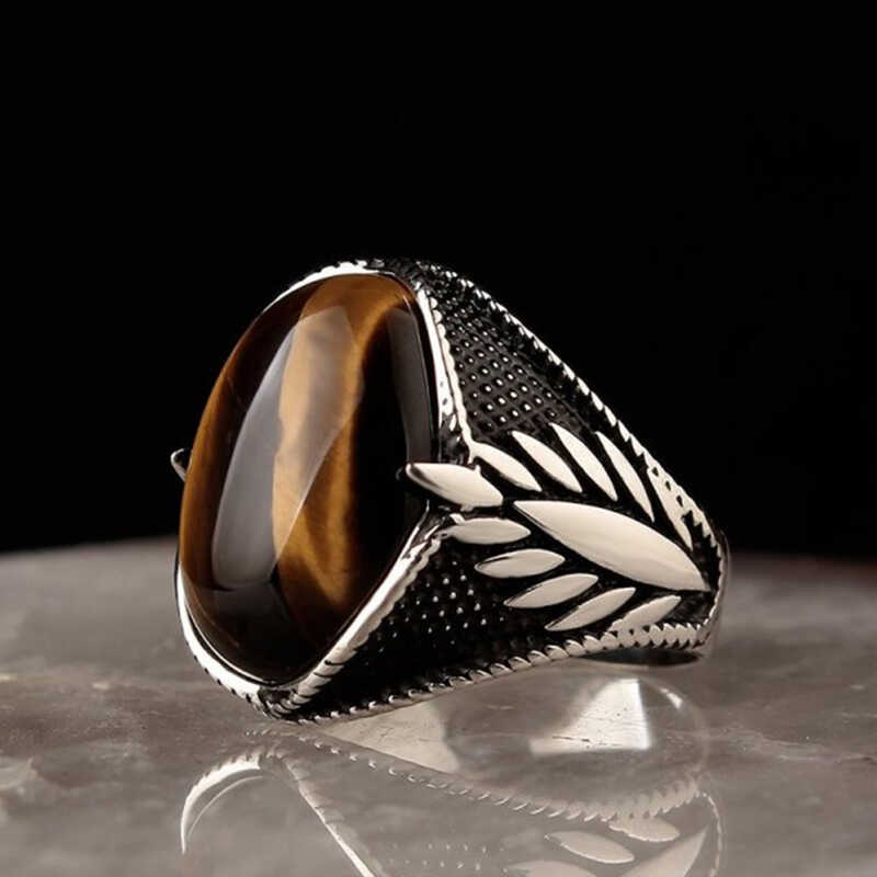 Silver Tiger’s Eye Stone Embroidered Men’s Ring