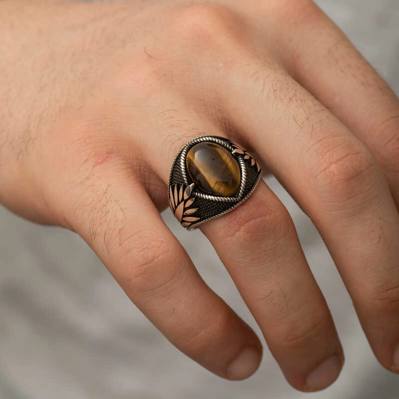 Silver Tiger’s Eye Stone Embroidered Men’s Ring