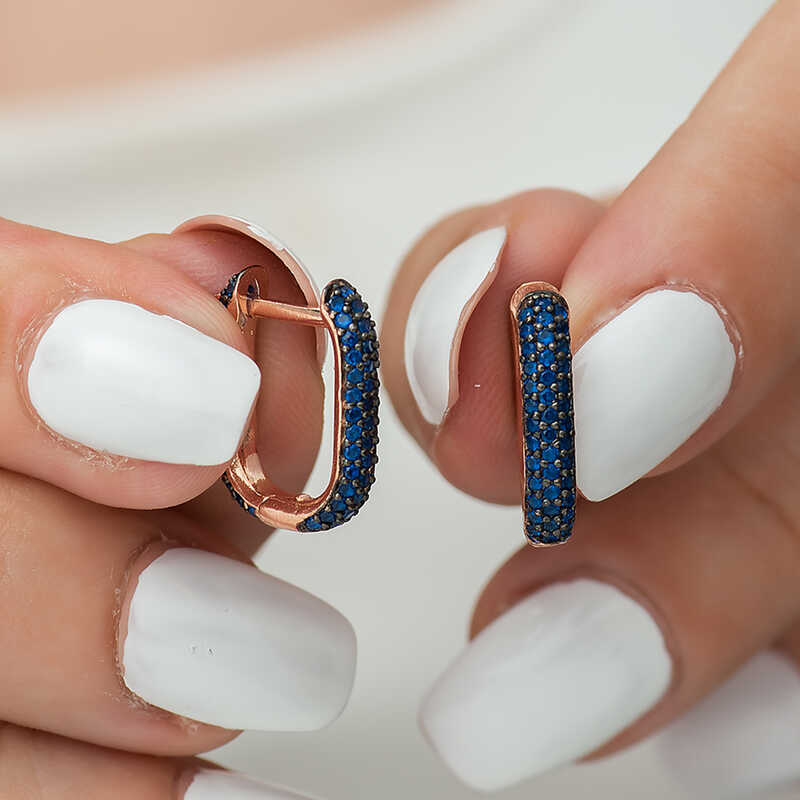 Silver Double-Sided Navy Blue Stone J Women’s Earrings