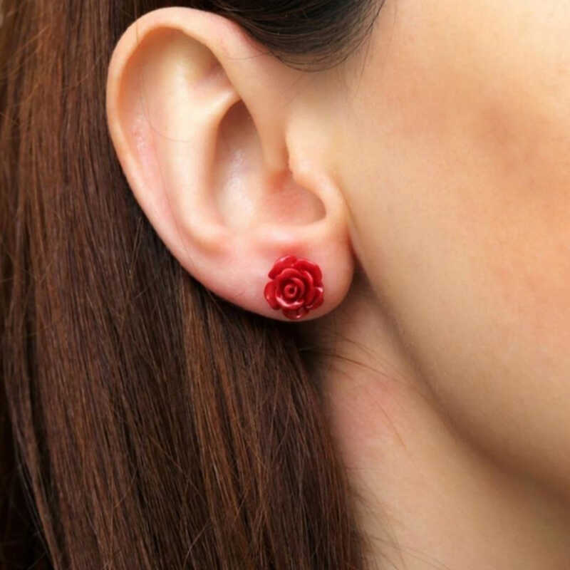 Silver Red Rose Earrings