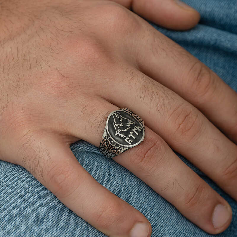 Silver Gokturk Turkish Written Grey Wolf Men’s Ring