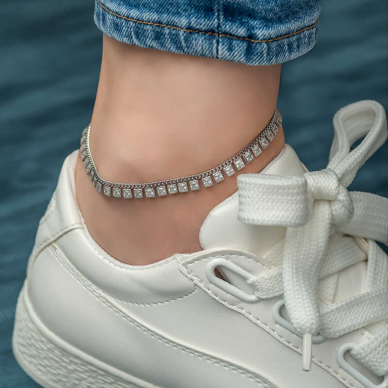 Silver Zircon Stone Rhodium Anklet