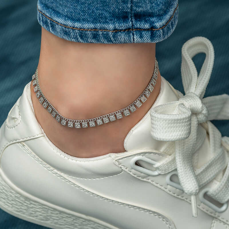Silver Zircon Stone Rhodium Anklet
