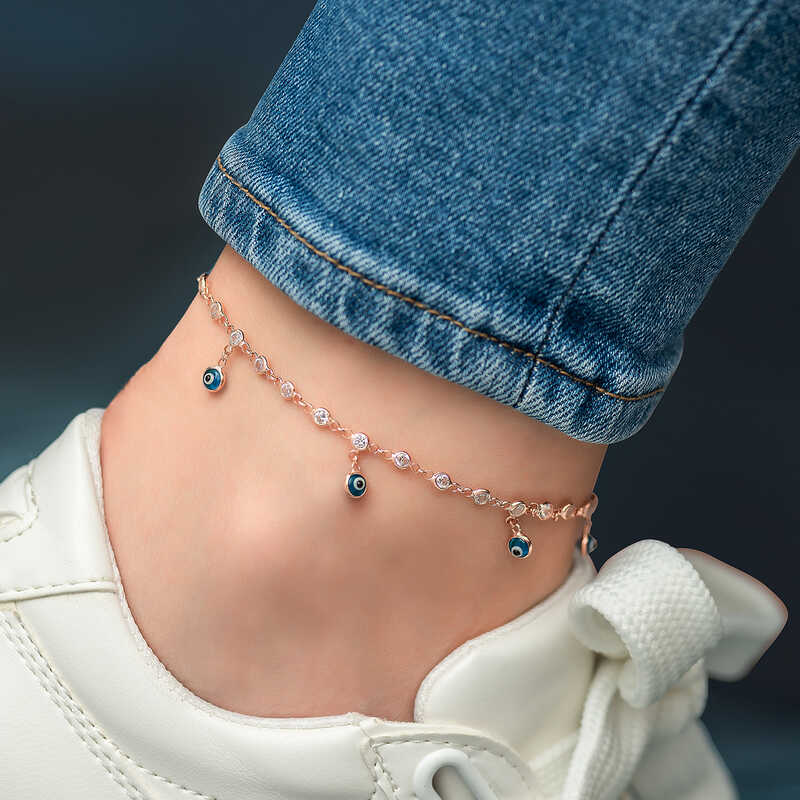 Silver Row Zircon Stone Evil Eye Rose Anklet