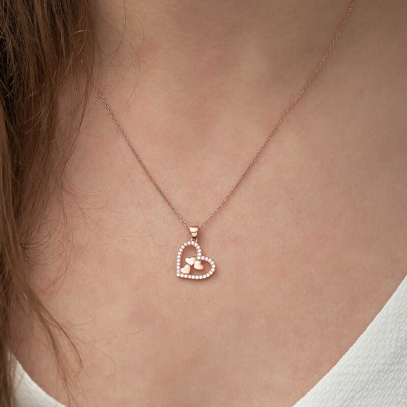 Silver Rose Heart Three Hearts Necklace