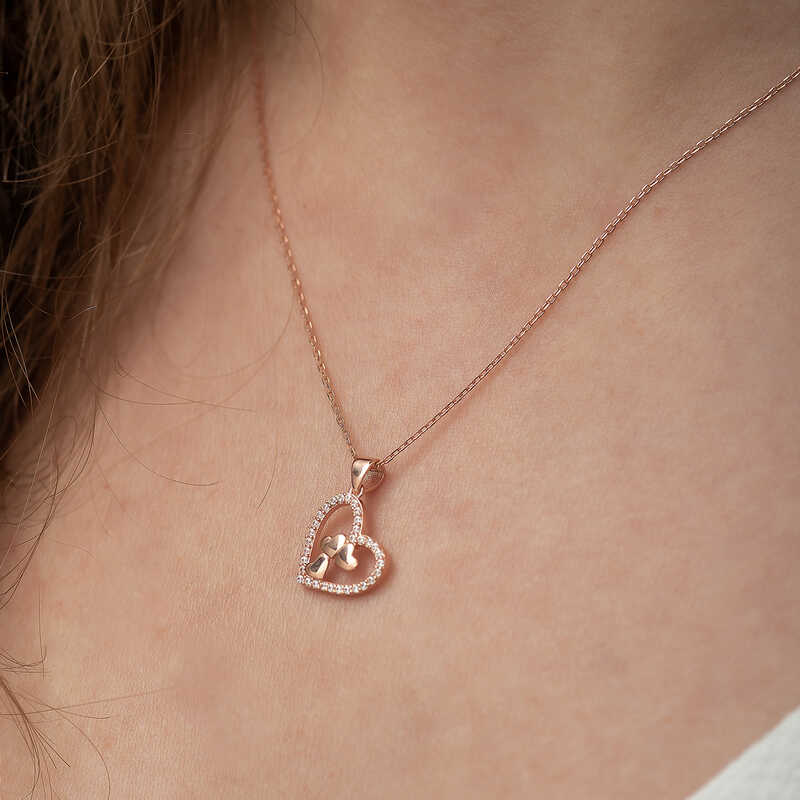 Silver Rose Heart Three Hearts Necklace