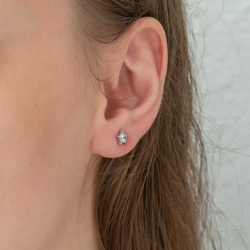 Silver Single Stone Star Stud Women’s Earrings