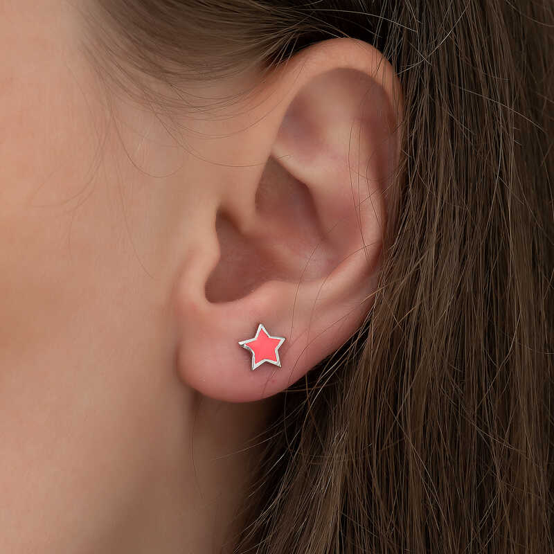 Silver Fluorescent Pink Star Earrings