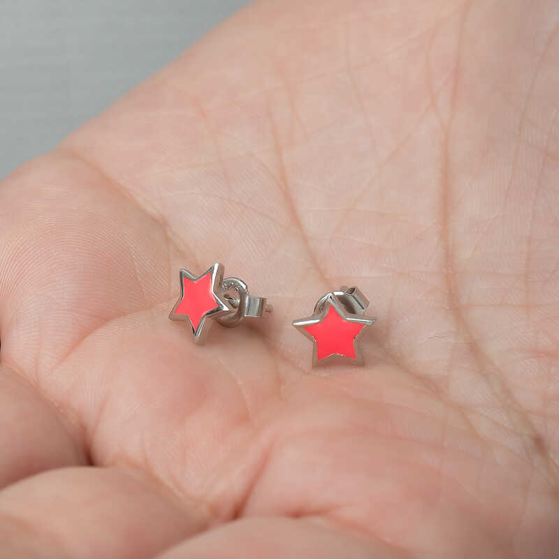 Silver Fluorescent Pink Star Earrings