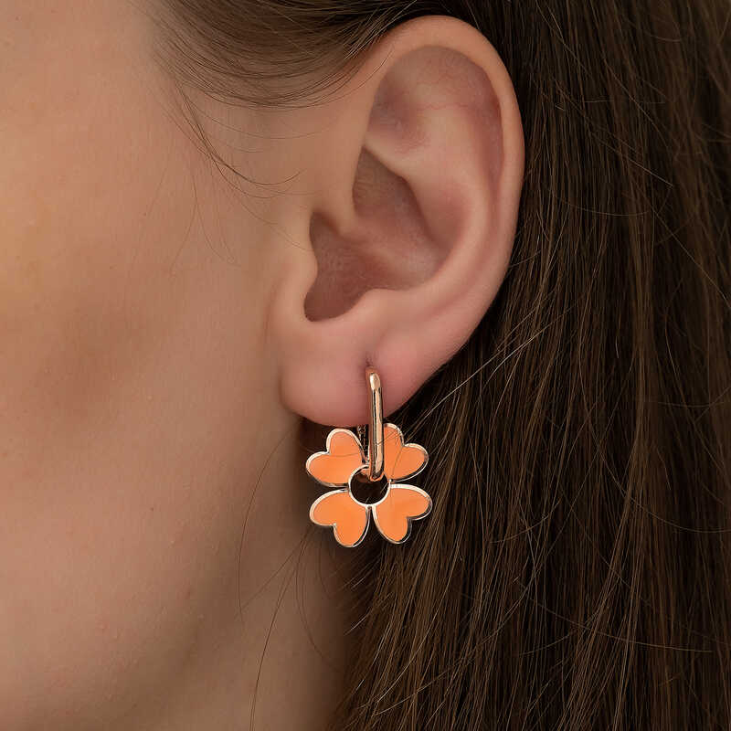 Silver Fluorescent Orange Clover Earrings