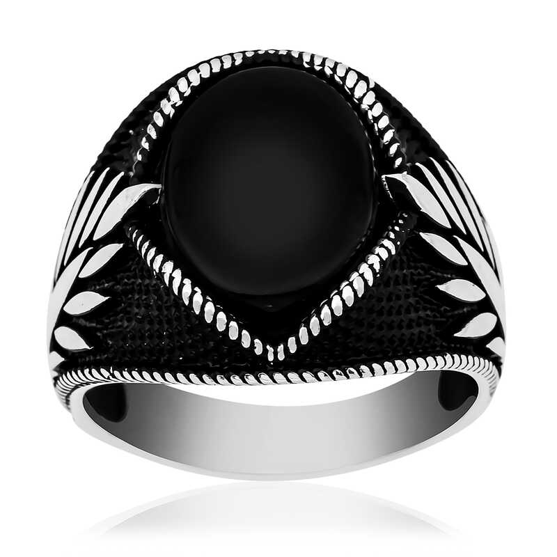 Silver Onyx Stone Embroidered Men’s Ring