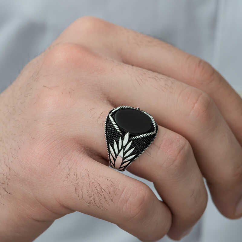 Silver Onyx Stone Embroidered Men’s Ring