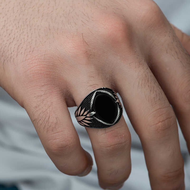 Silver Onyx Stone Embroidered Men’s Ring
